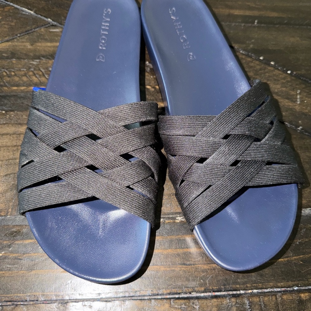 Rothy's Navy and Black Woven Slide Sandals